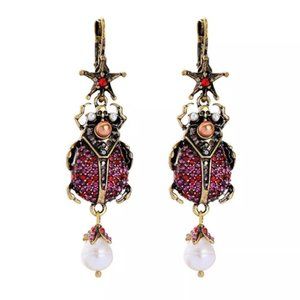 Anthropologie Red Pearl Star Bug Insect Earrings